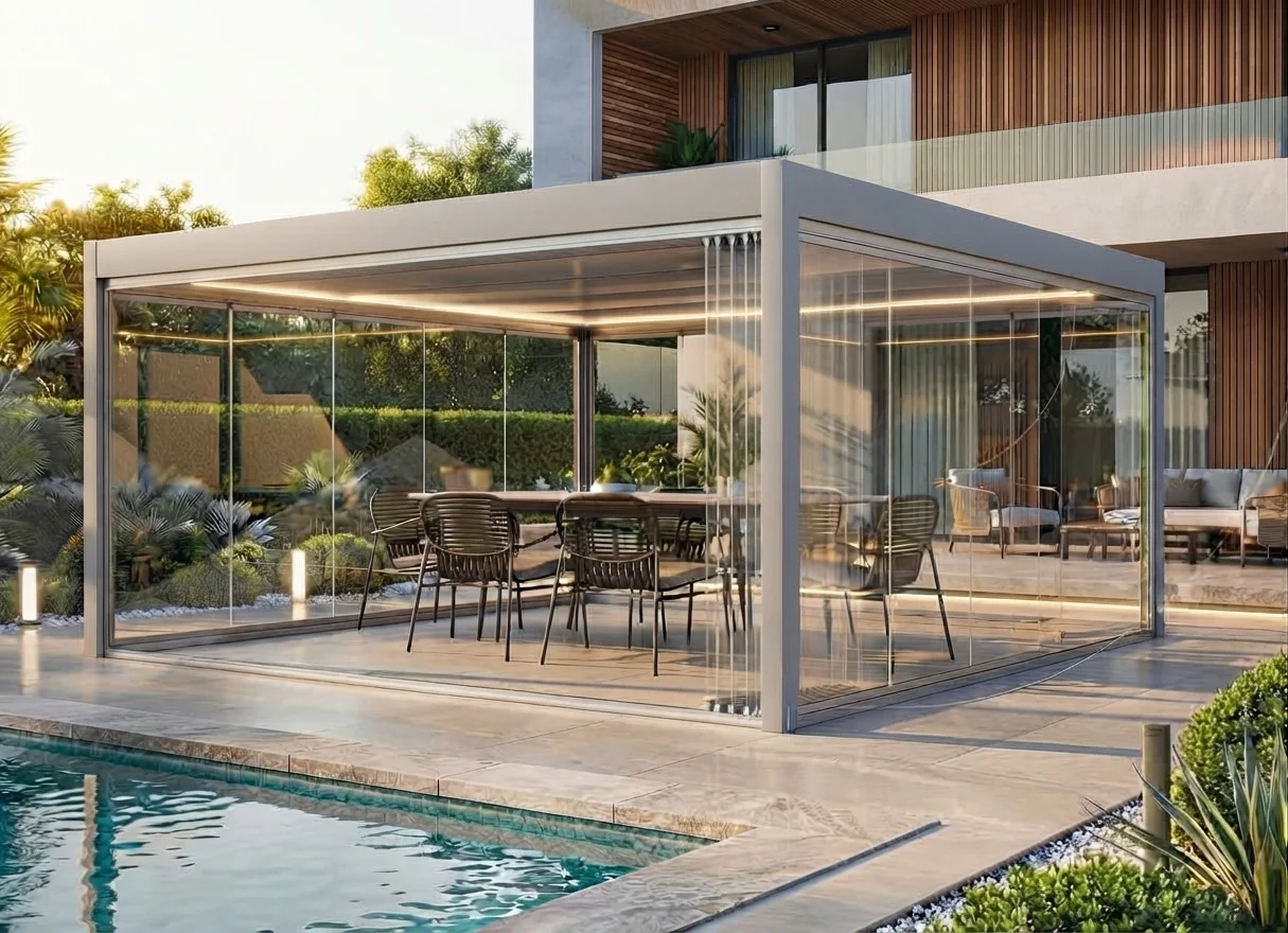 Pergola con vetrate panoramiche a bordo piscina